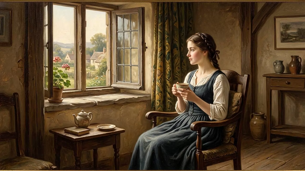 Pintura a óleo de mulher serena junto à janela com xícara de chá em poltrona rústica pela manhã mansa
