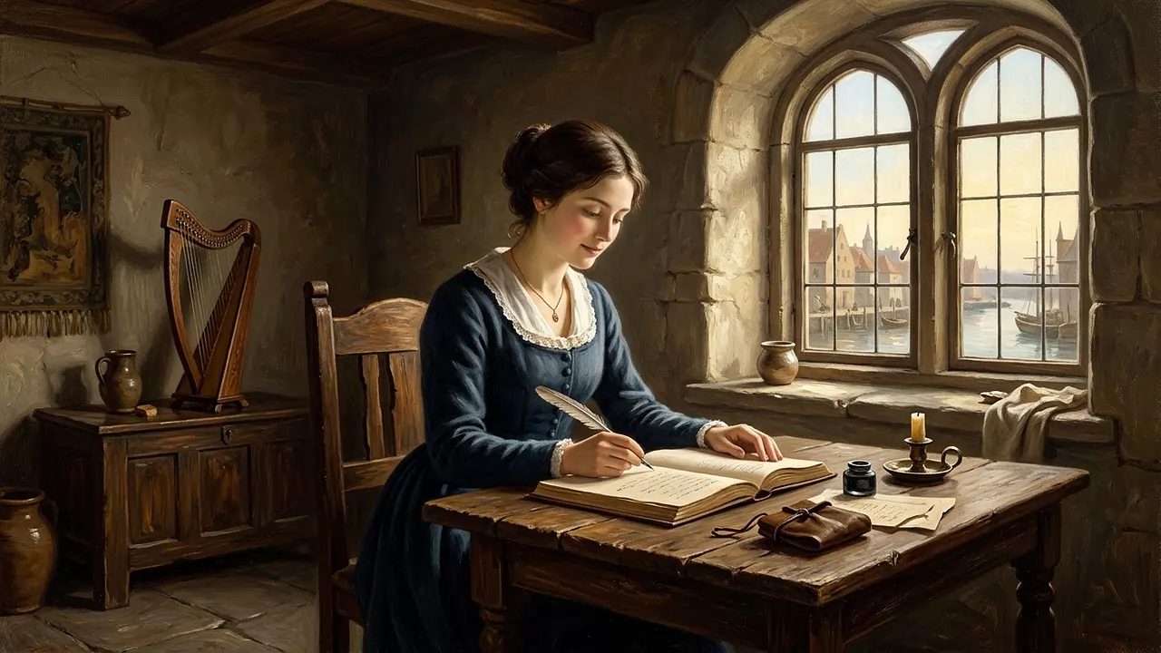 Pintura a óleo de figura contemplativa lendo manuscrito antigo junto à janela na língua Veyris