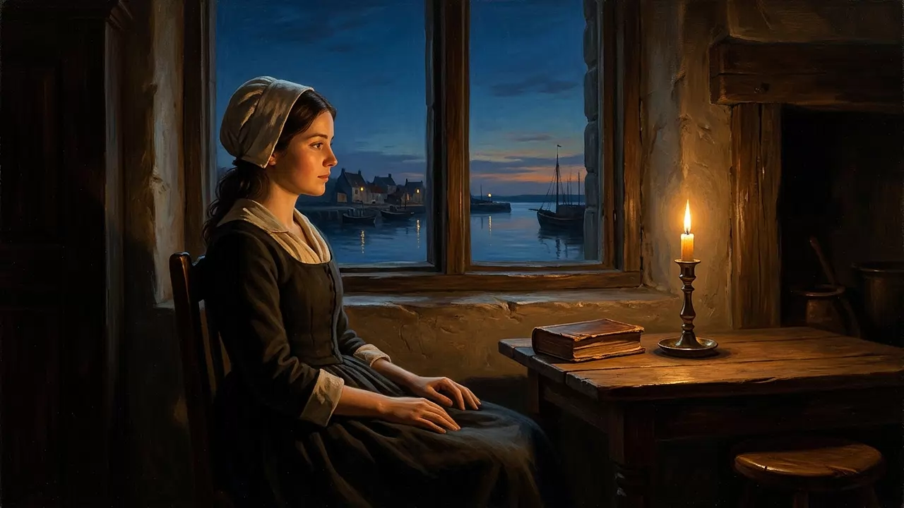 Pintura a óleo de mulher serena à luz de vela junto à janela ao anoitecer, em mantra para ansiedade